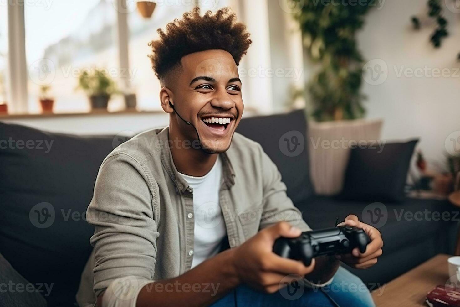 jovem positivo feliz africano americano cara com sem fio controle jogando vídeo jogos às casa . ai gerado foto