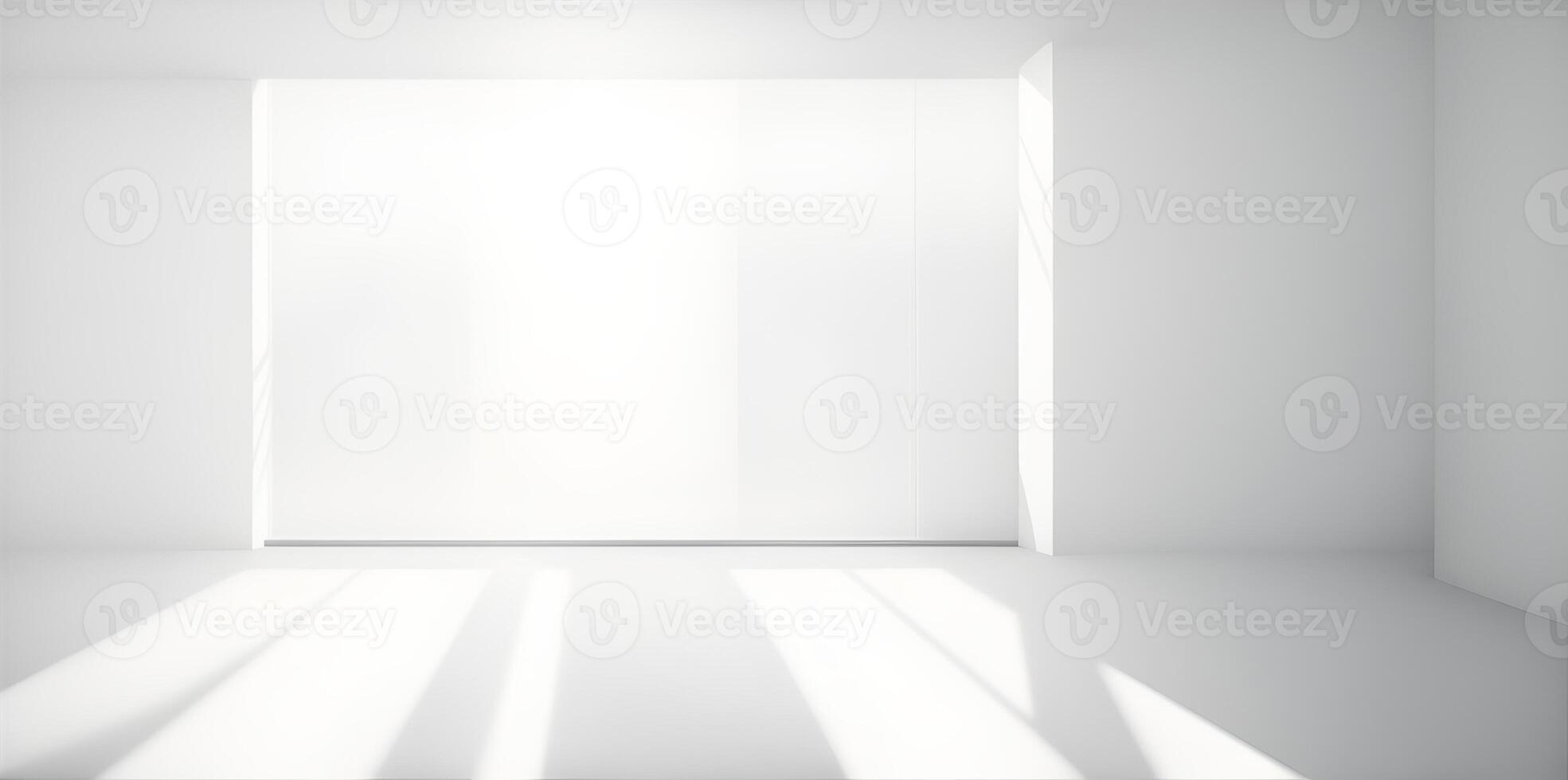 branco minimalista quarto com em branco paredes e luz solar transmissão através janelas. ai gerado foto