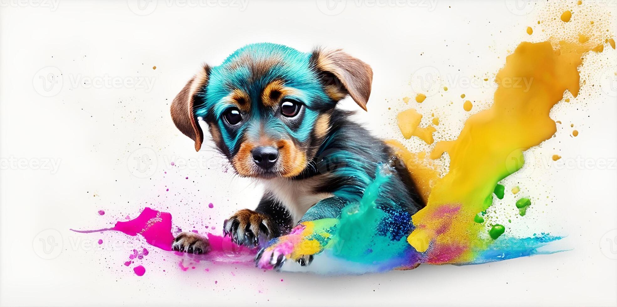 cachorro jogando dentro colorida água cor , sujo com cor splash. ai gerado. foto