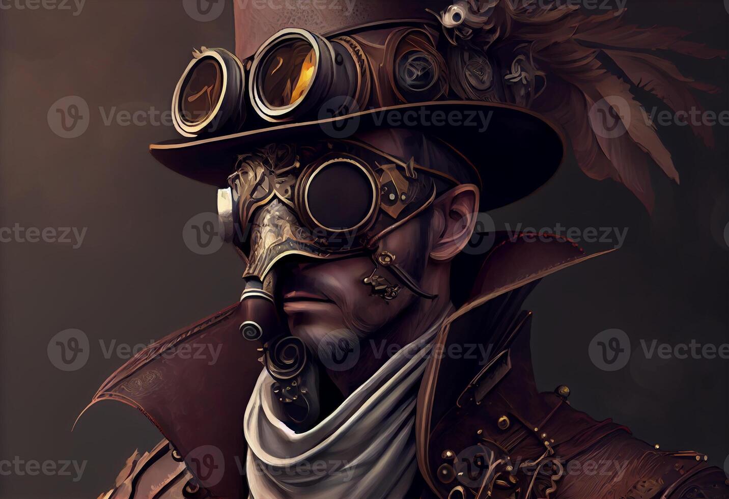 uma homem vestindo uma steampunk chapéu e uma steampunk mascarar, fantasia arte, steampunk. ai gerado foto
