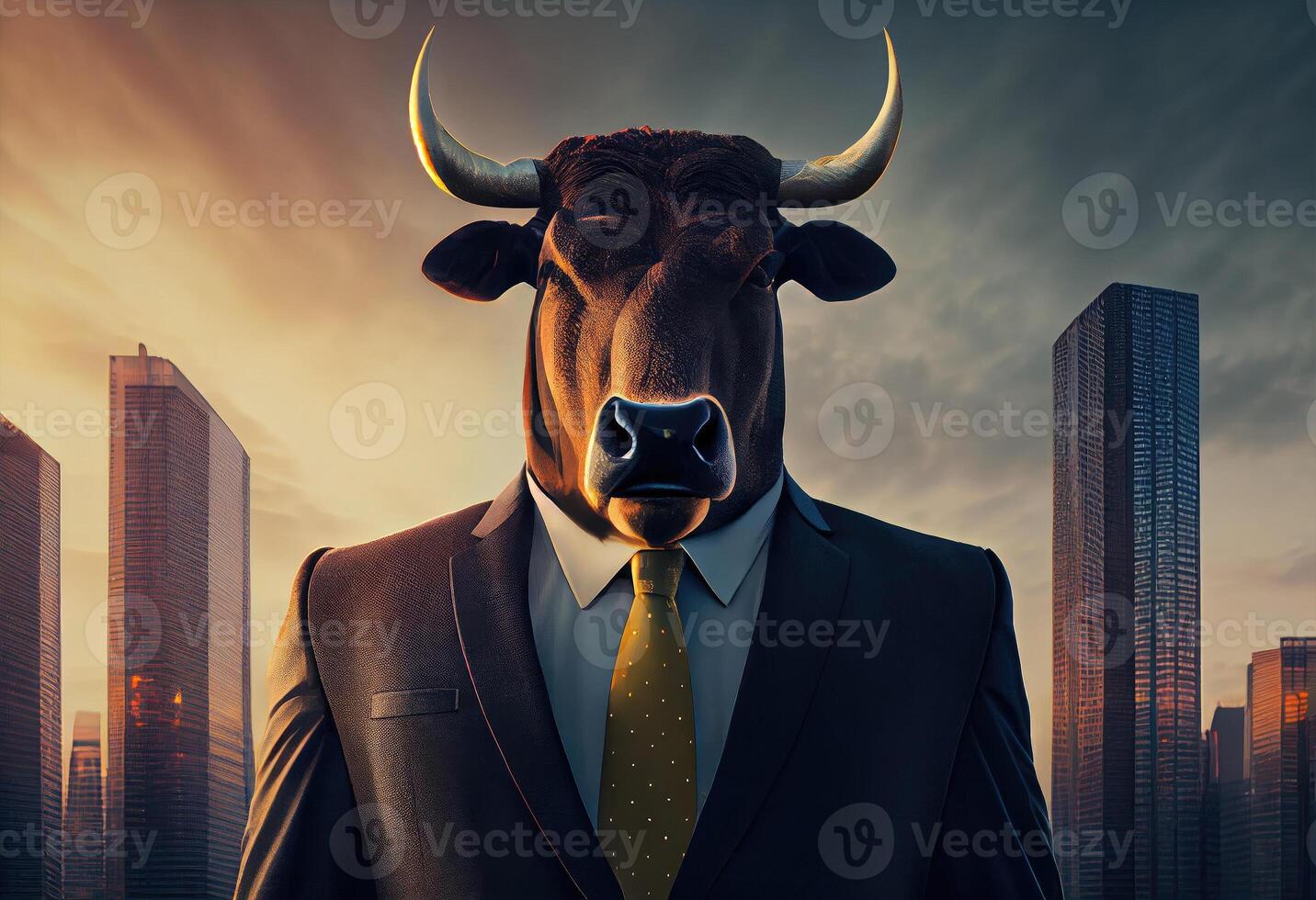 retrato do a antropomórfico touro vestido Como uma homem de negocios contra a pano de fundo do uma moderno cidade às pôr do sol. ai gerado foto