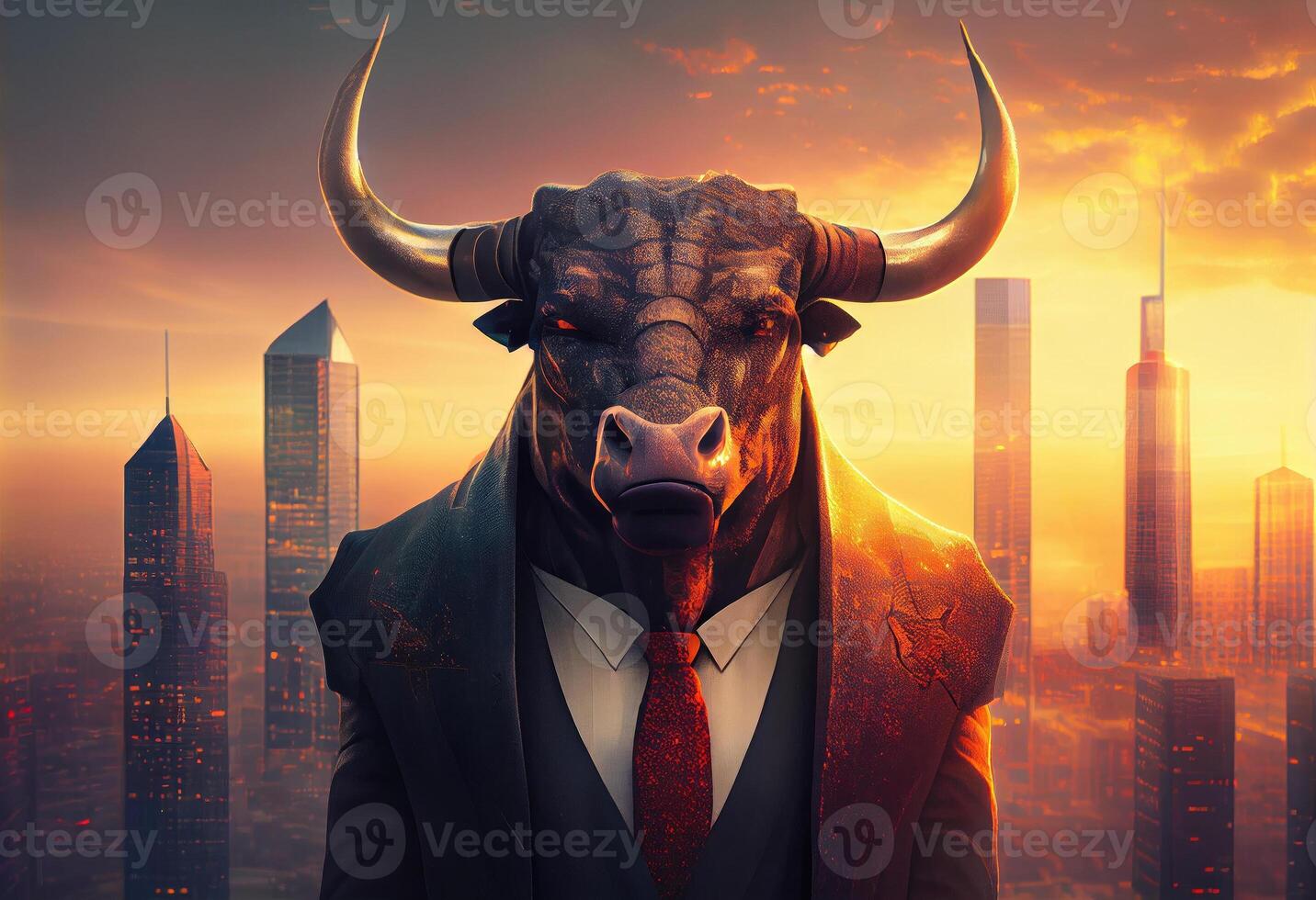 retrato do a antropomórfico touro vestido Como uma homem de negocios contra a pano de fundo do uma moderno cidade às pôr do sol. ai gerado foto