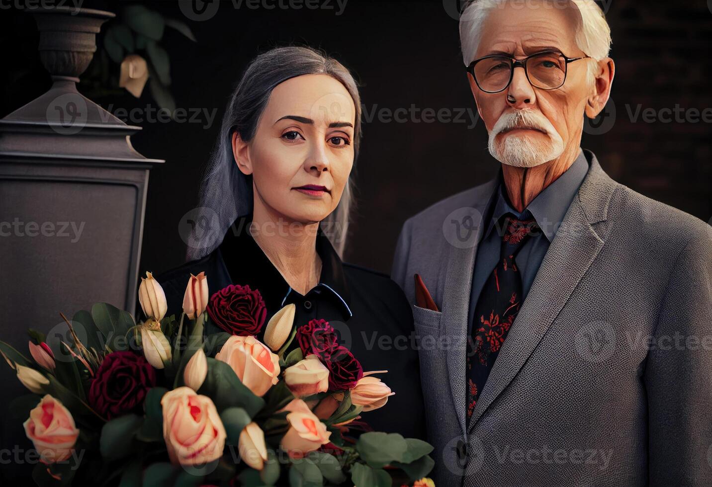 Senior homem em pé com atraente mulher segurando flores em funeral. ai gerado. foto