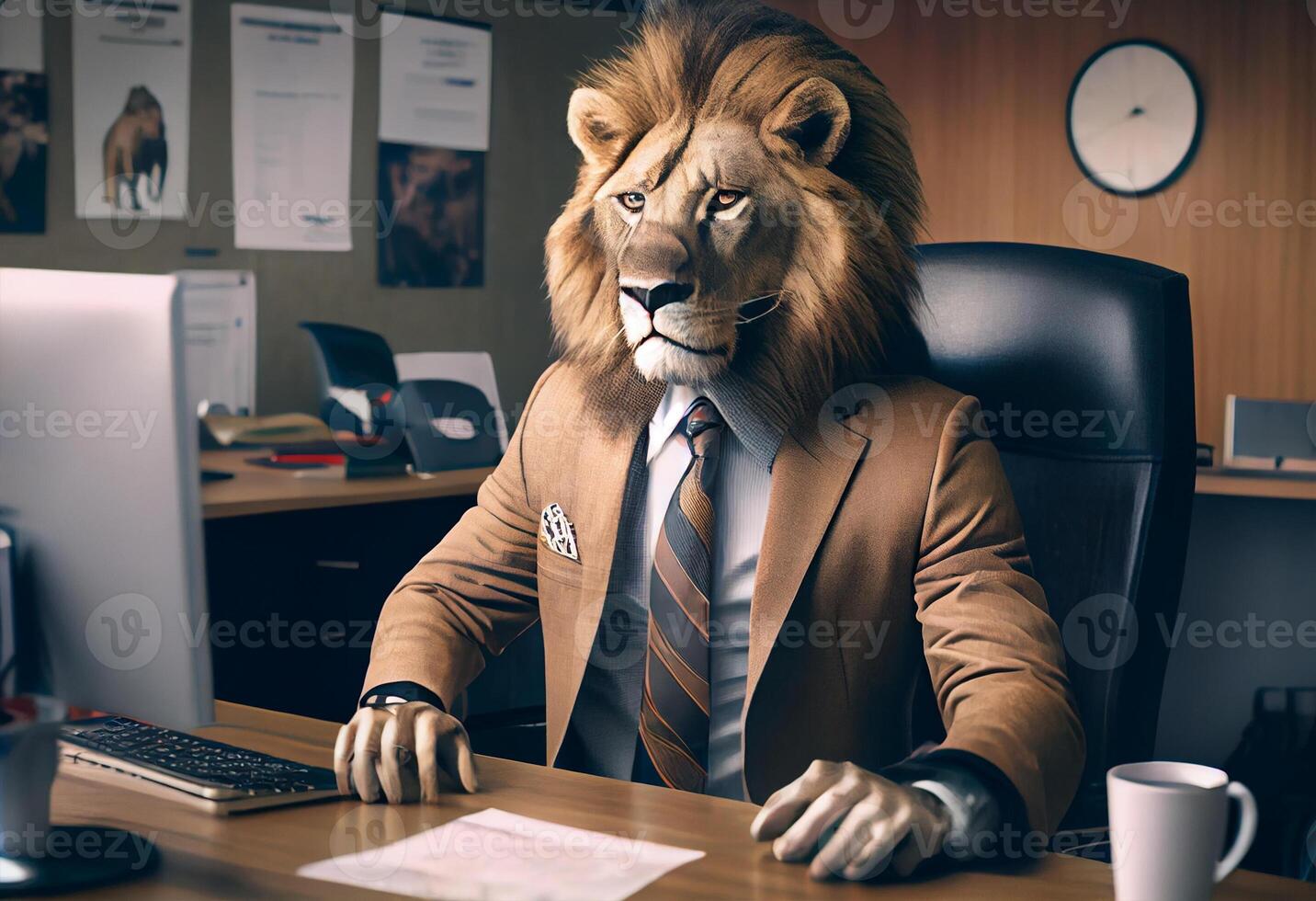 leão vestindo terno dentro escritório , homem de negocios leão sentado às escritório. ai gerado foto