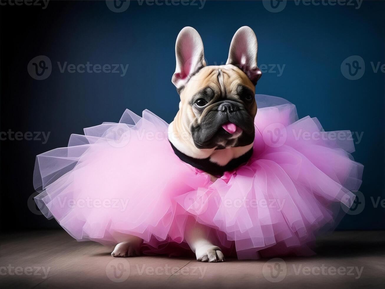 uma francês buldogue sentado dentro uma tutu. ai gerado foto