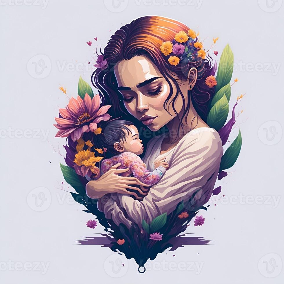 detalhado ilustração do mãe segurando bebê. ai gerado. foto