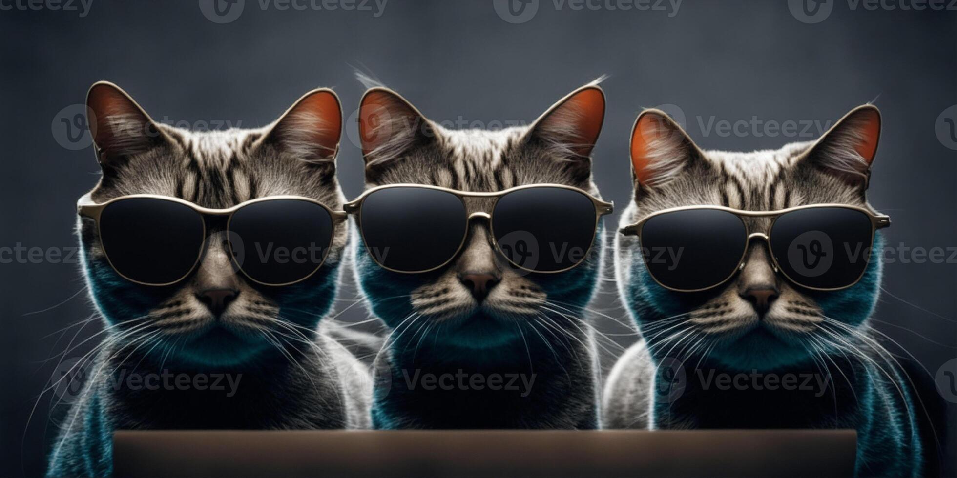 três gatos com oculos de sol em Sombrio fundo. ai gerado foto