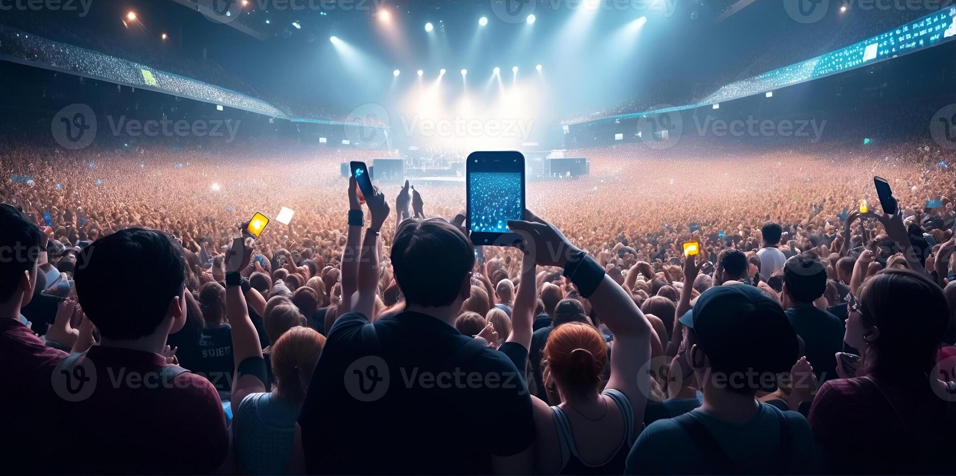 uma multidão do pessoas às uma viver evento, show ou festa segurando mãos e smartphones acima. ai gerado foto