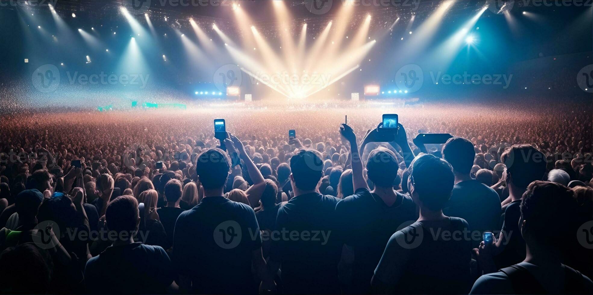 uma multidão do pessoas às uma viver evento, show ou festa segurando mãos e smartphones acima. ai gerado foto