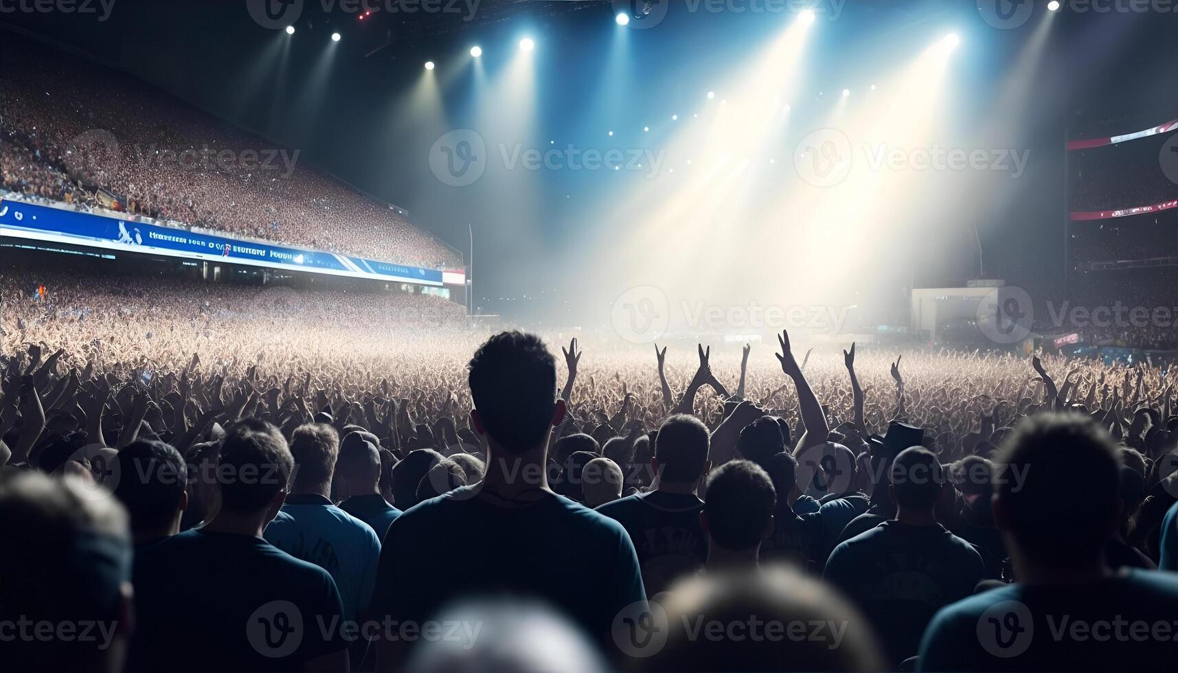 uma multidão do pessoas às uma estádio Rocha show, viver evento. ai gerado foto