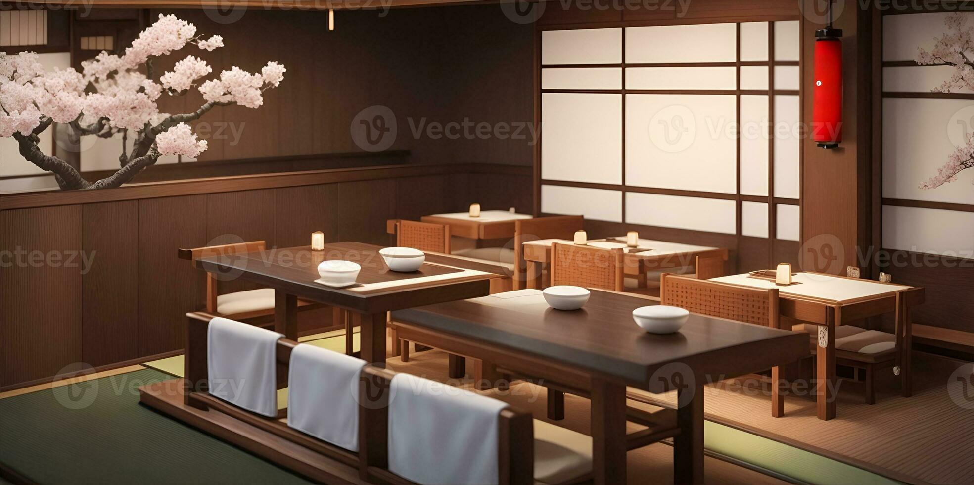 japonês restaurante. mesas dentro uma clássico estilo tradicional japonês estilo restaurante. ai gerado foto