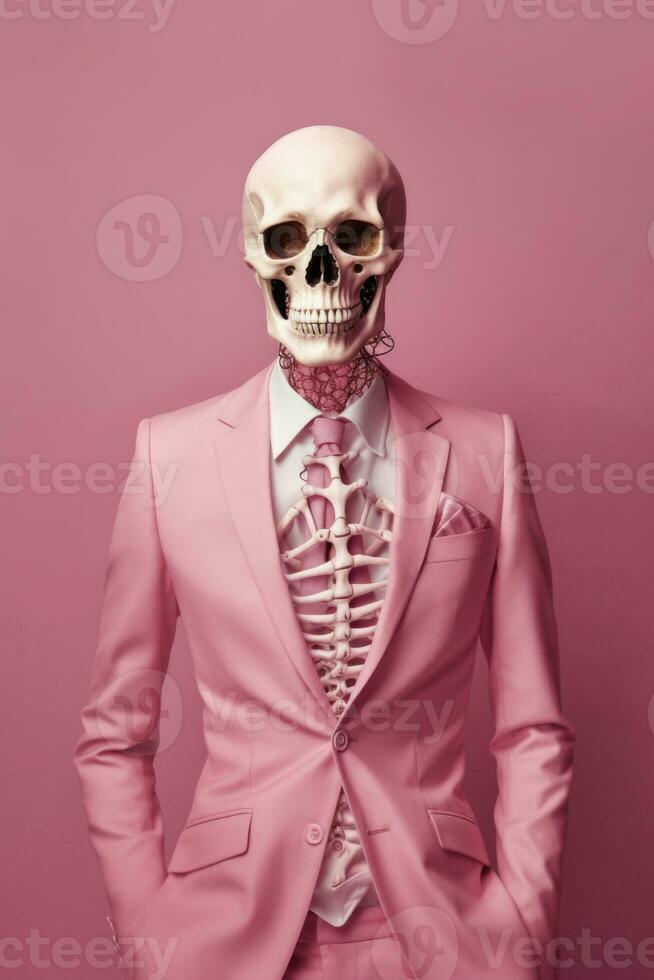 glamour retrato do masculino esqueleto dentro Rosa terno. generativo ai foto