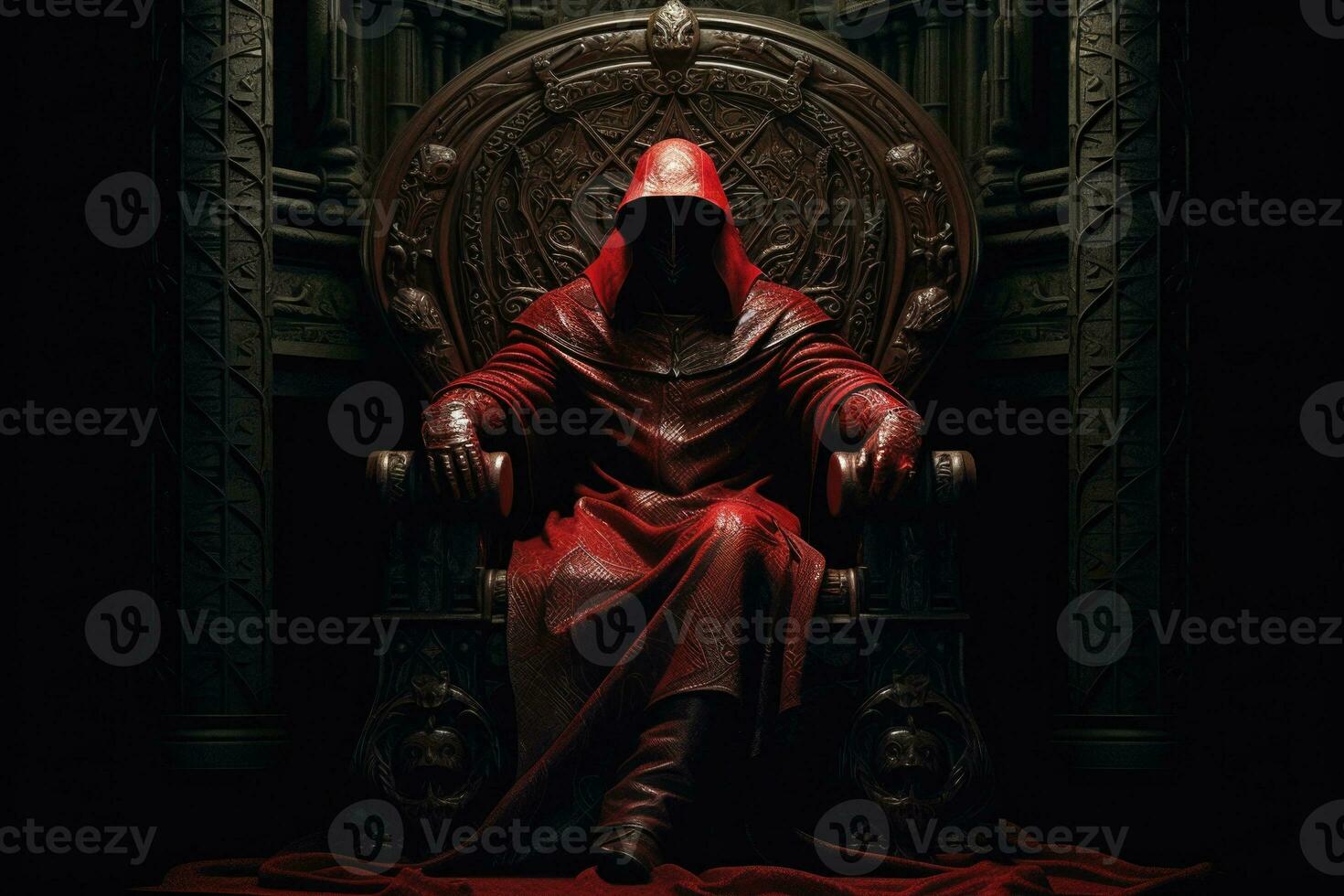 homem dentro de capuz sentado em real trono dentro Sombrio castelo corredor. generativo ai foto