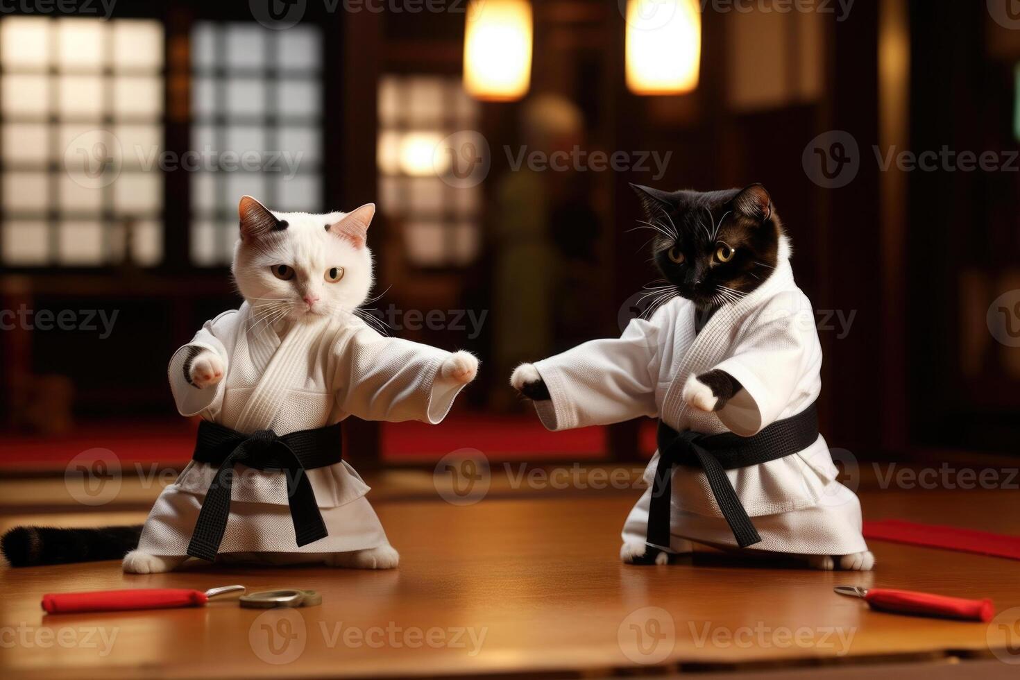 dois gatos vestindo quimono para marcial artes às treinamento. generativo ai foto