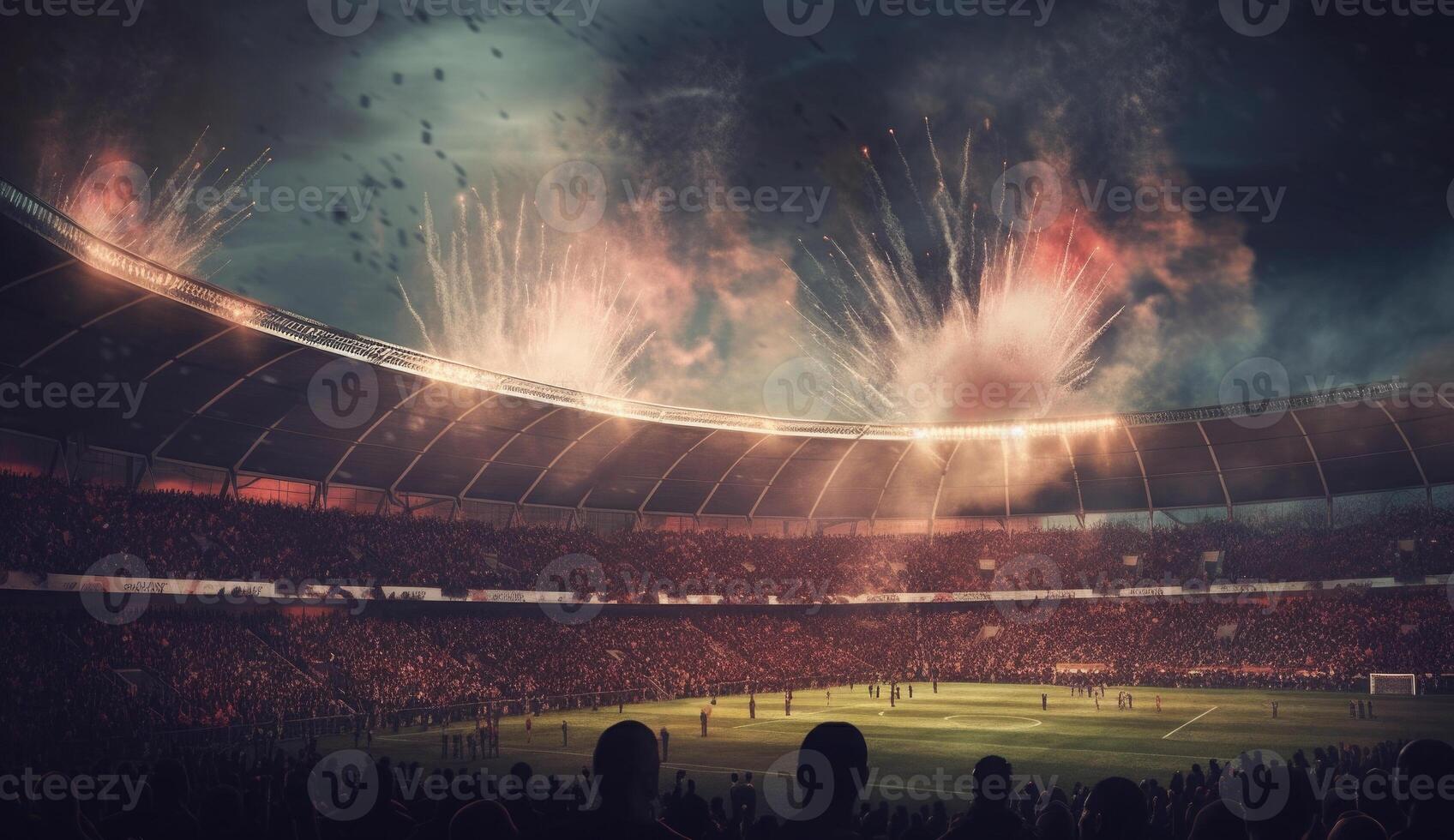 futebol estádio com aceso luzes, chamas e fumaça bombas. generativo ai foto