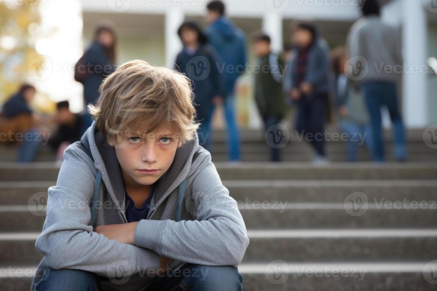 escola Garoto sentado sozinho às escadaria. vítima do escola assédio moral. generativo ai foto