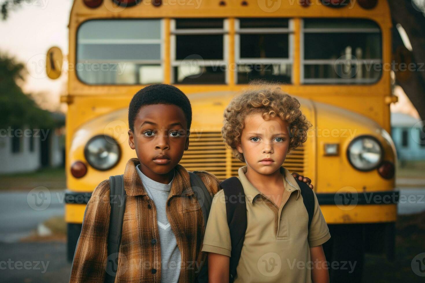 multirracial colegas de classe perto amarelo escola ônibus. costas para escola. generativo ai foto