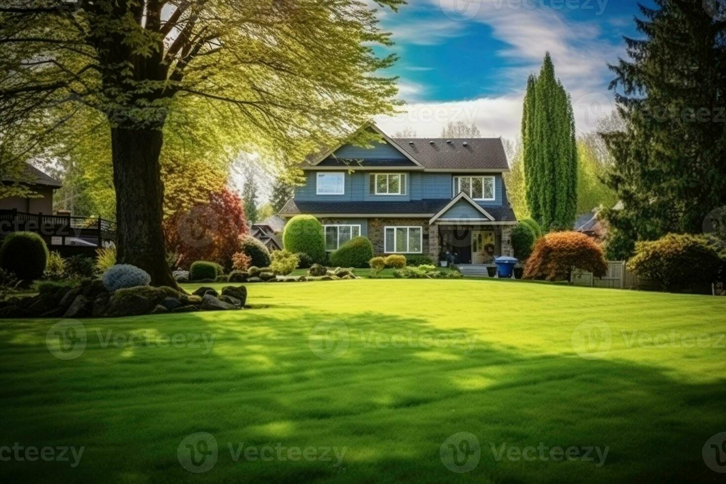 tradicional americano casa fachada dentro subúrbio. generativo ai foto