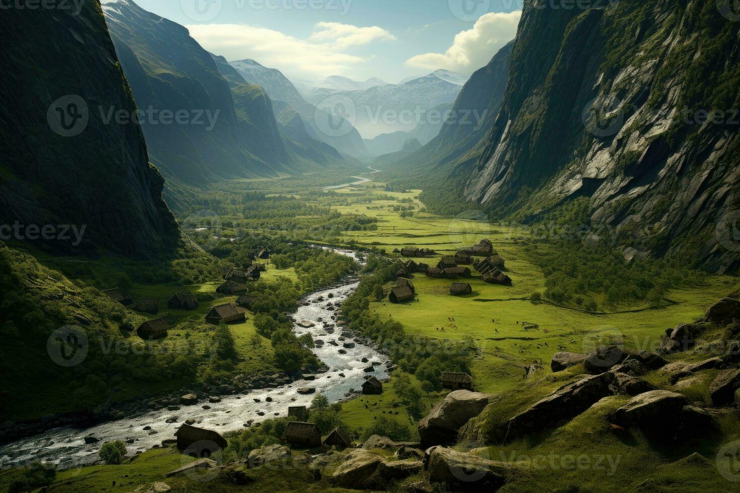 verde vale com bonito Visão em rio e montanhas. generativo ai foto