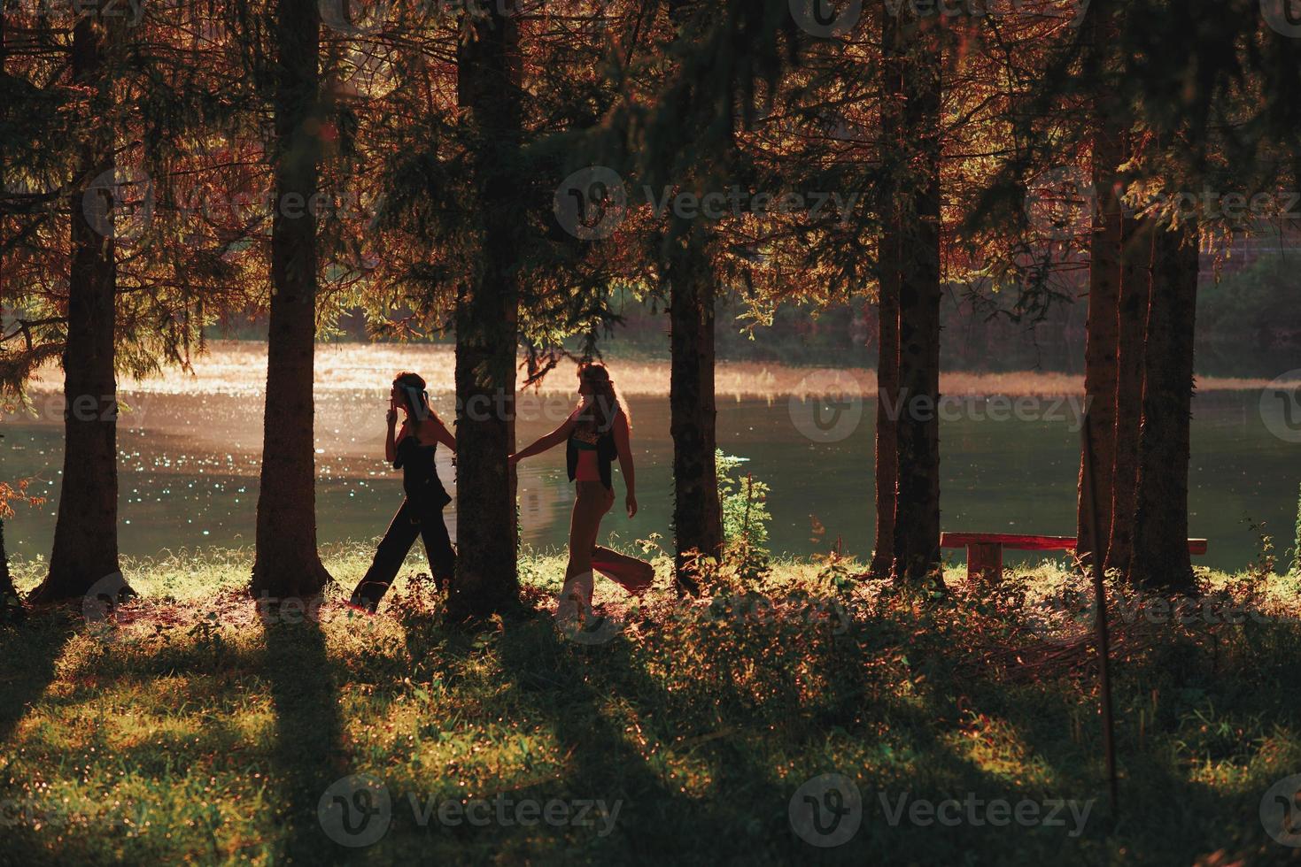 par de mulheres hippies caminham de mãos dadas na floresta foto