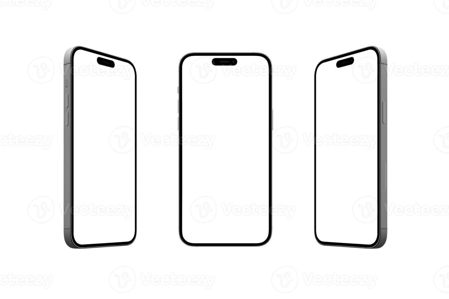 moderno Smartphone exibindo dentro frente e lados visualizar. isolado telefones e exibição para apresentando aplicativos, sites, e digital produtos. Câmera é construído para dentro a mostrar, volta arestas foto