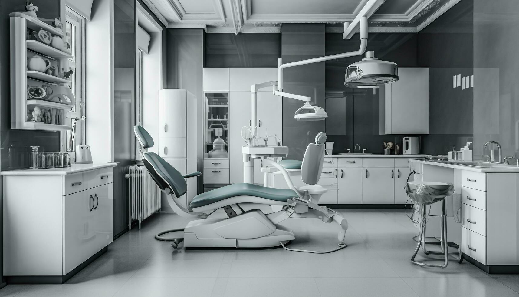moderno dental escritório com limpar, brilhante Projeto e inoxidável aço equipamento gerado de ai foto