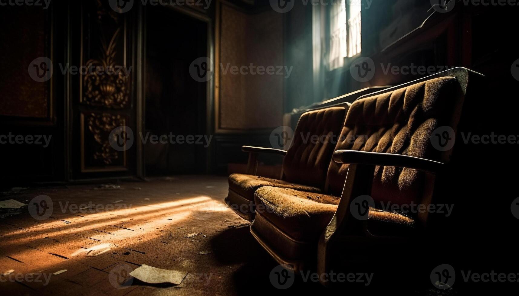 esvaziar velho formado poltrona senta dentro assustador abandonado quarto gerado de ai foto