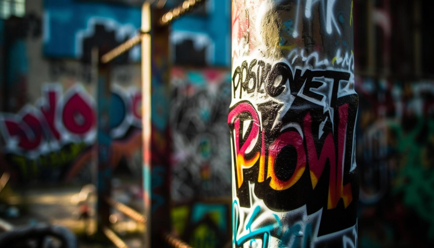 cidade rua iluminado com grafite e criatividade gerado de ai foto