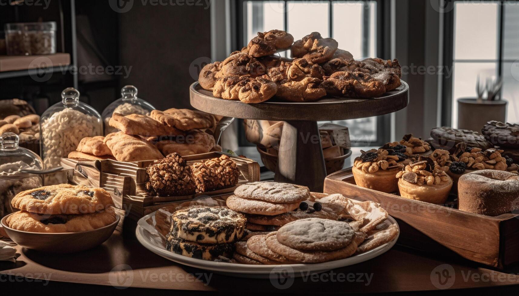 indulgente caseiro chocolate lasca biscoitos em rústico mesa gerado de ai foto