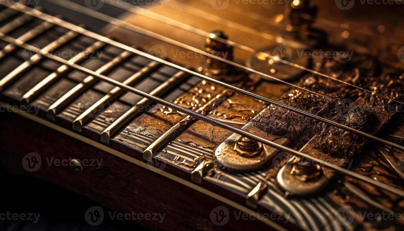 Antiguidade acústico guitarra em de madeira mesa, jogando clássico gerado de ai foto