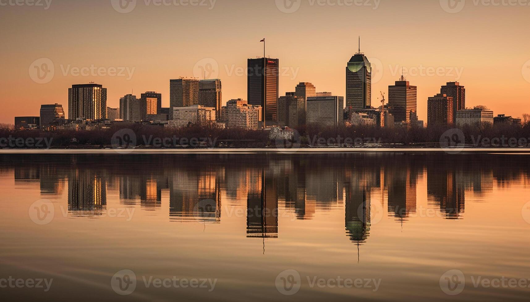 arranha-céus refletir vibrante pôr do sol em tranquilo beira-mar gerado de ai foto