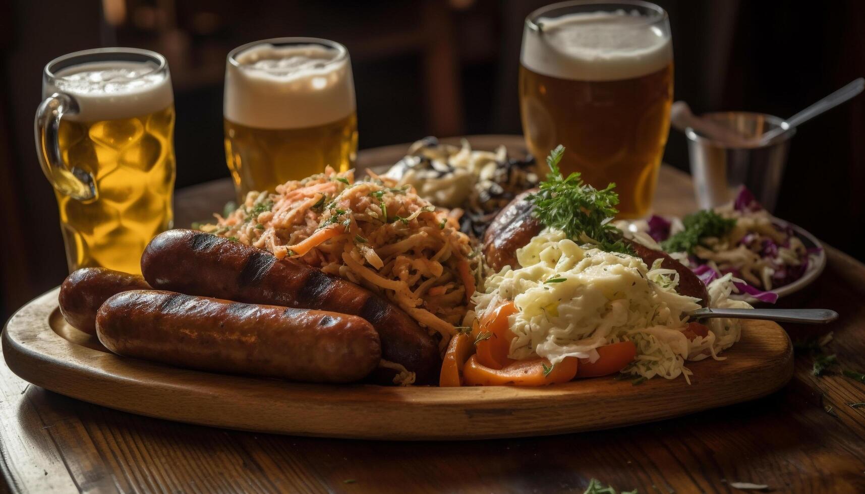 grelhado carne de porco e carne bovina, cerveja, gourmet refeição gerado de ai foto