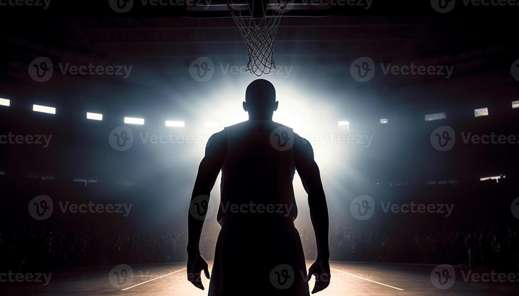 silhueta do atleta jogando basquetebol debaixo Holofote gerado de ai foto