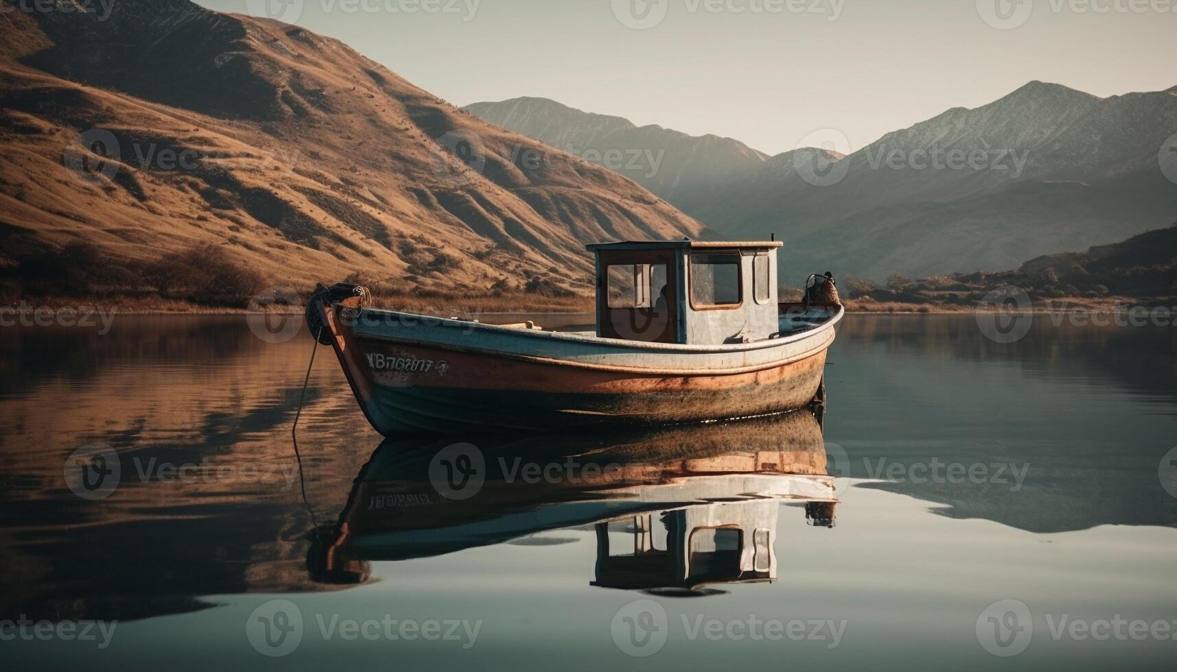 tranquilo pôr do sol em azul náutico embarcação pescaria gerado de ai foto