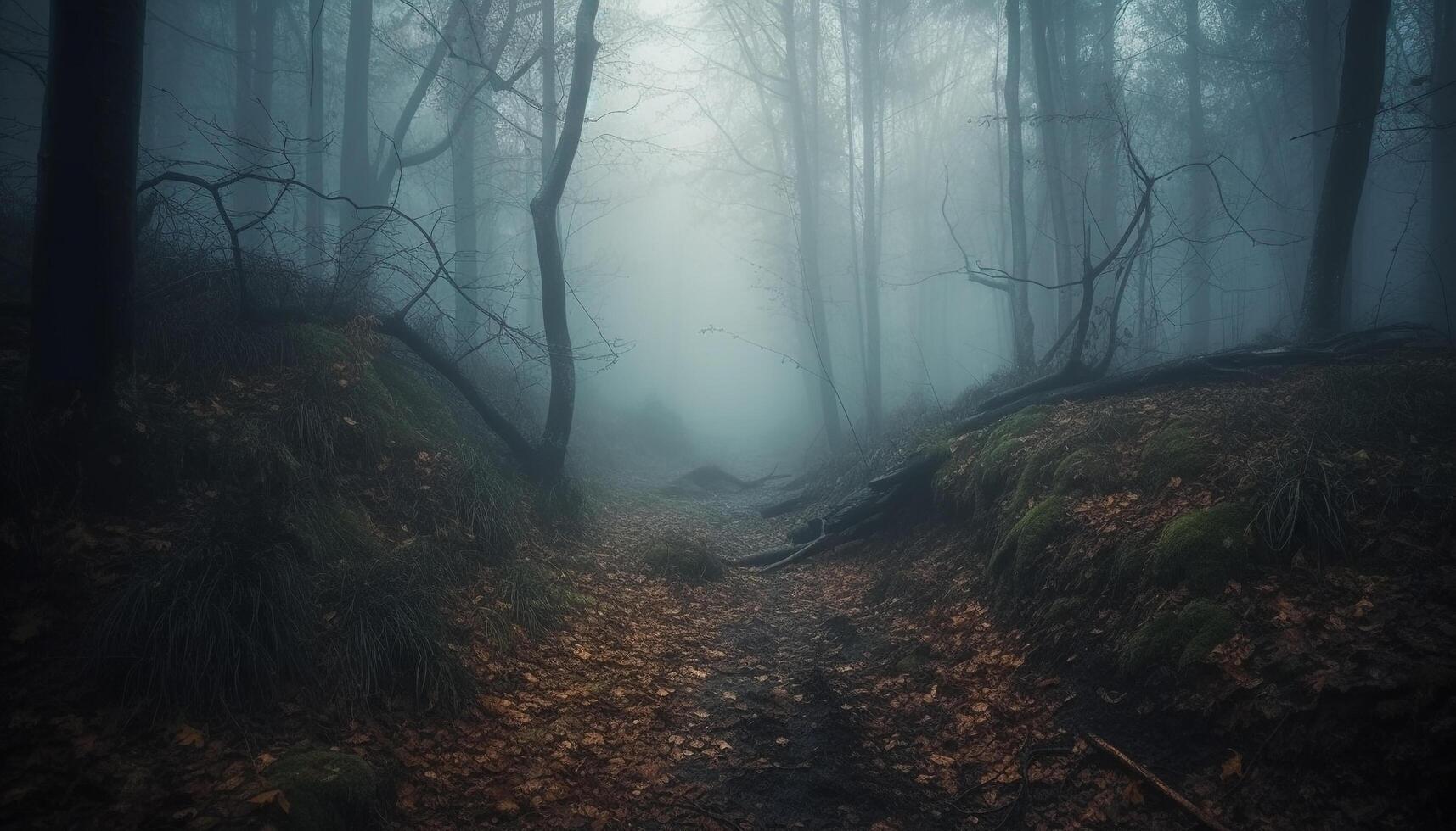 assustador floresta mistério caminhando em uma Sombrio trilha dentro outono gerado de ai foto