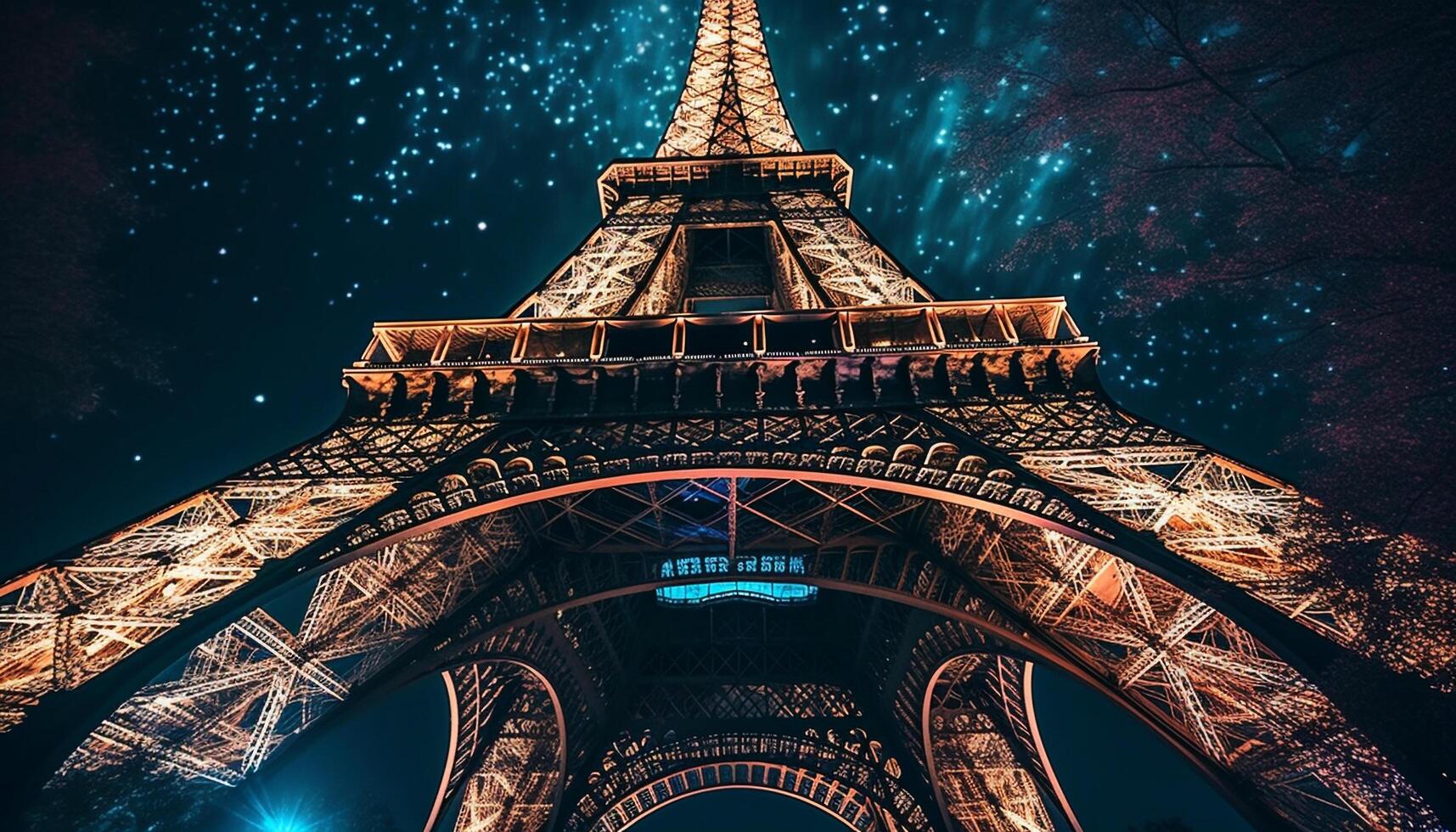 majestoso eiffel torre ilumina Paris às noite gerado de ai foto