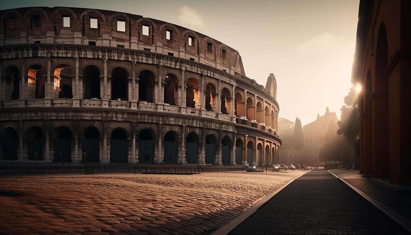 antigo arco iluminado de pôr do sol dentro Roma gerado de ai foto