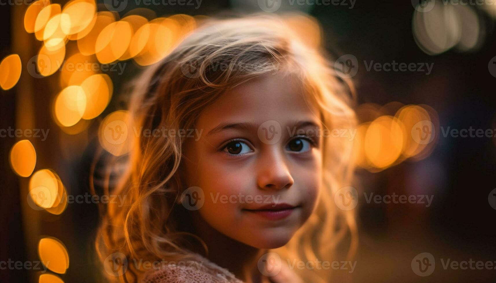 sorridente fofa menina desfrutando Natal luzes ao ar livre gerado de ai foto