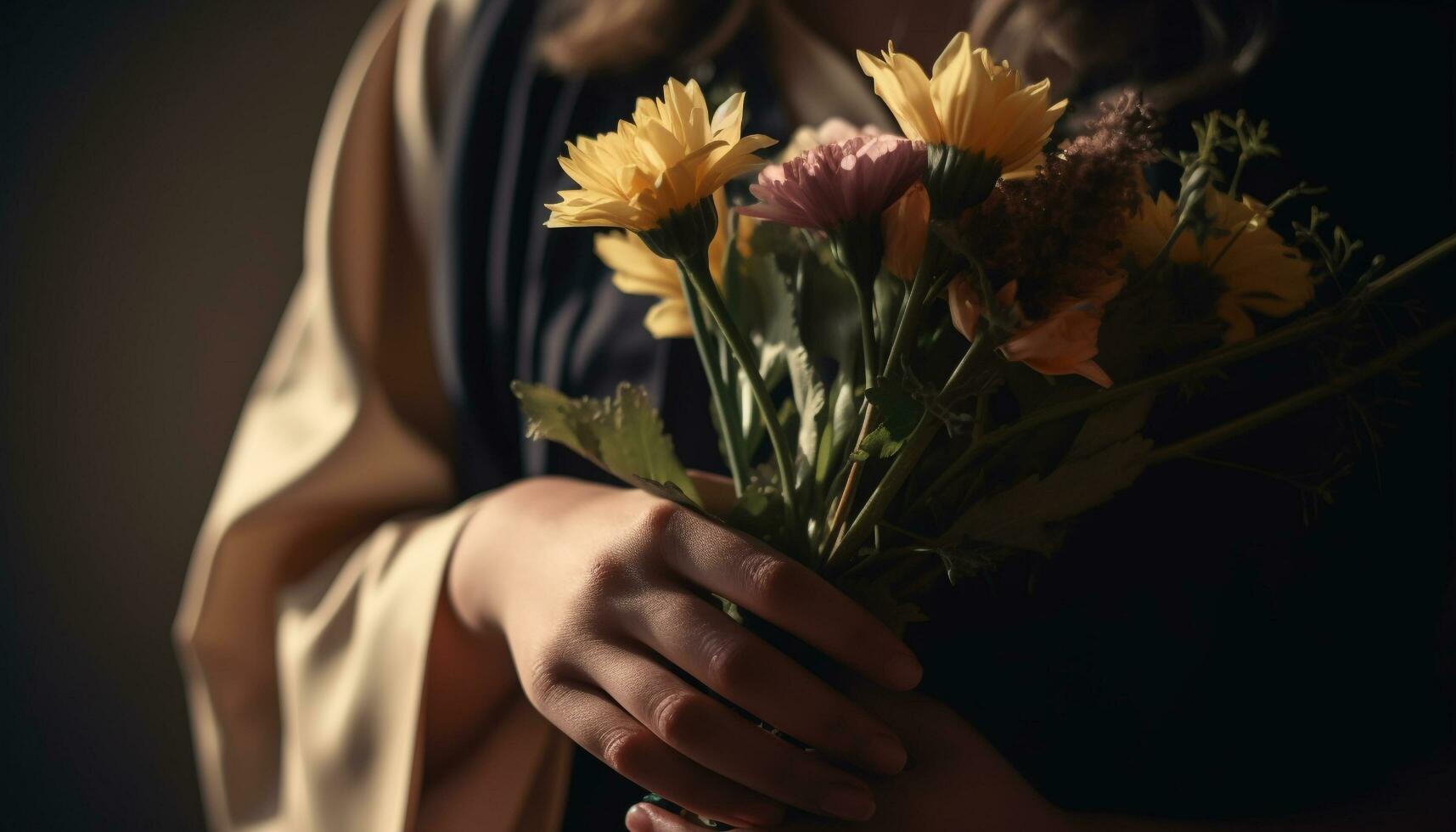 jovem mulher segurando ramalhete do amarelo margaridas gerado de ai foto