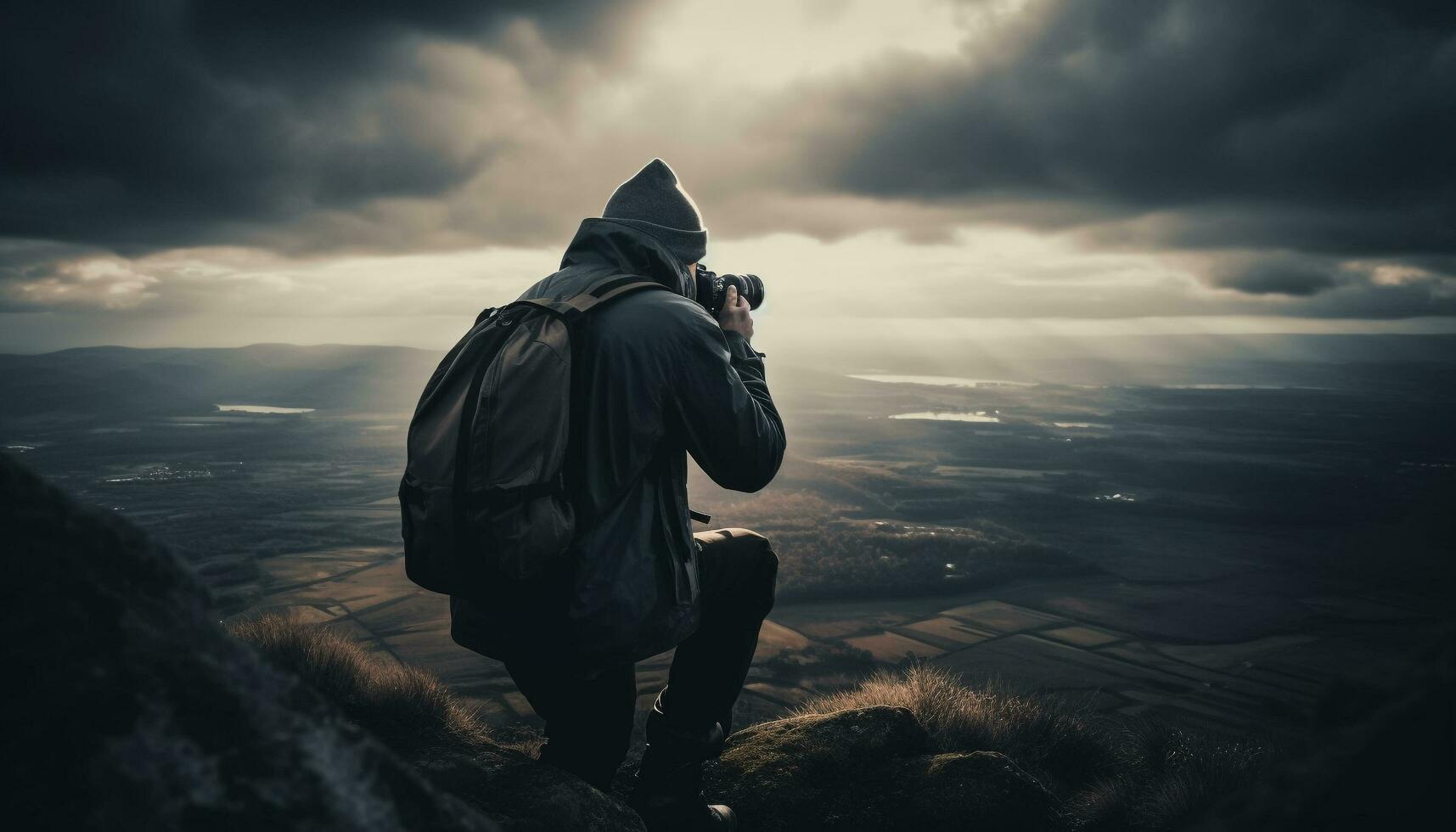 1 pessoa de pé, fotografando montanha pico silhueta gerado de ai foto