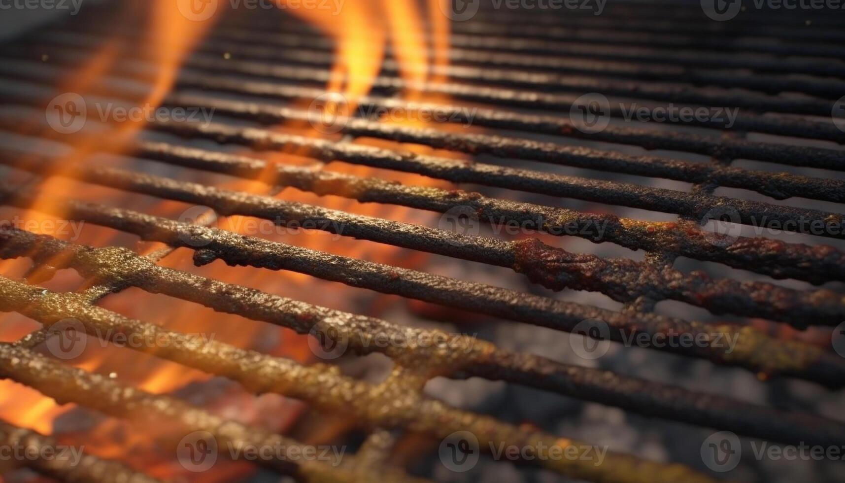 brilhando oxidado metal grato queimando carvão para verão churrasco cozinhando gerado de ai foto