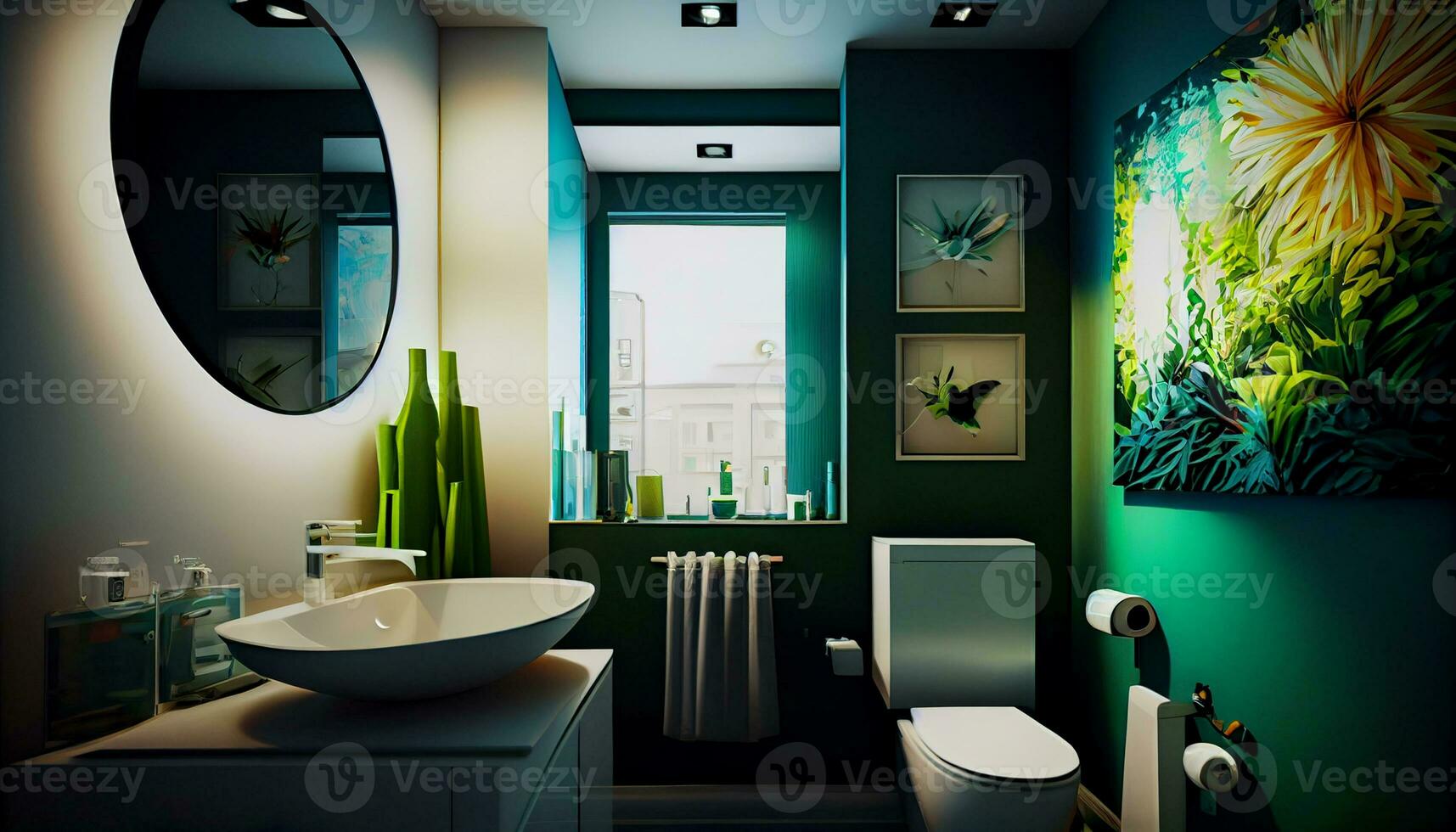 moderno e elegante banheiro na sala cena , generativo ai foto