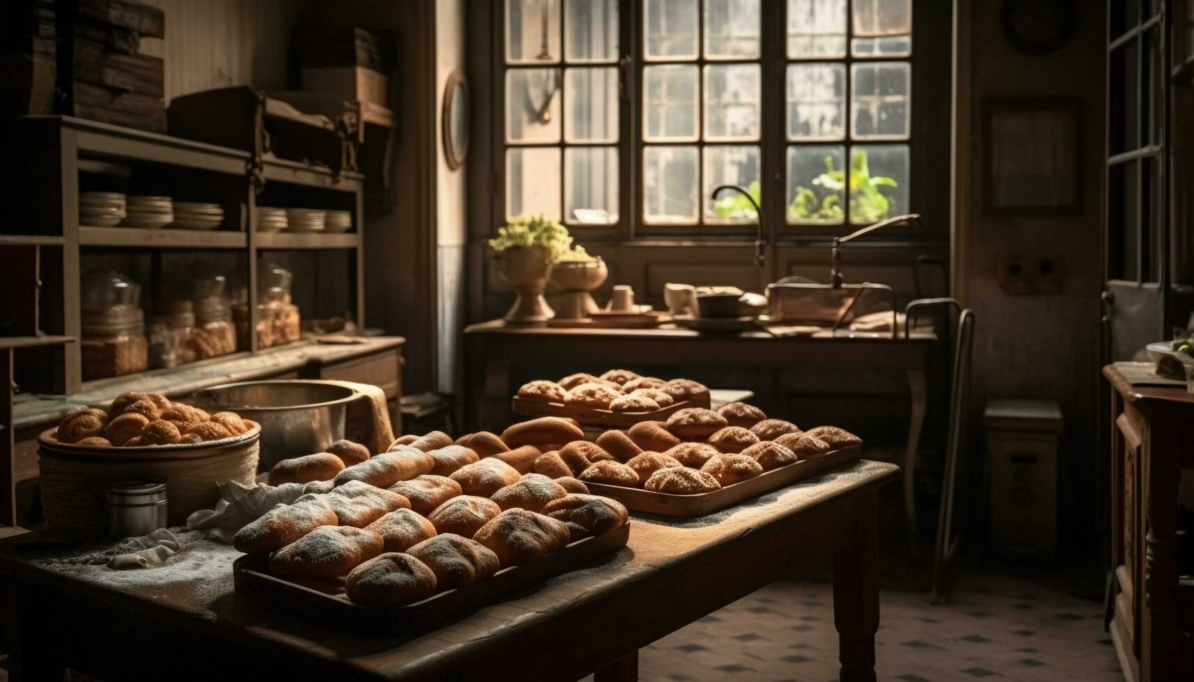 recentemente cozido pão em rústico de madeira mesa gerado de ai foto