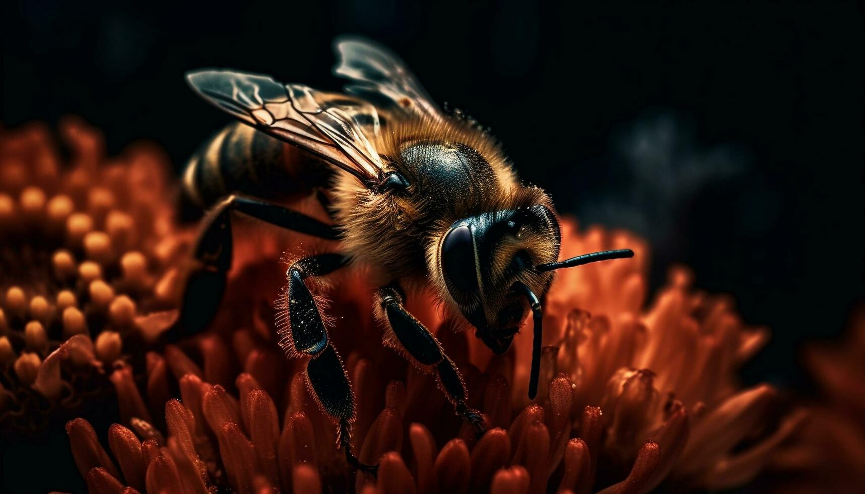fechar acima do uma amarelo querida abelha polinizando gerado de ai foto