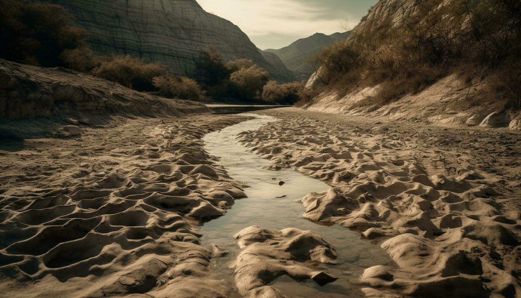 pôr do sol sobre montanha faixa, tranquilo beleza dentro natureza gerado de ai foto