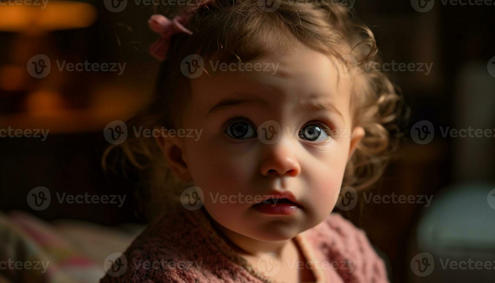 fofa bebê menina com Castanho cabelo e azul olhos sorridente alegremente gerado de ai foto