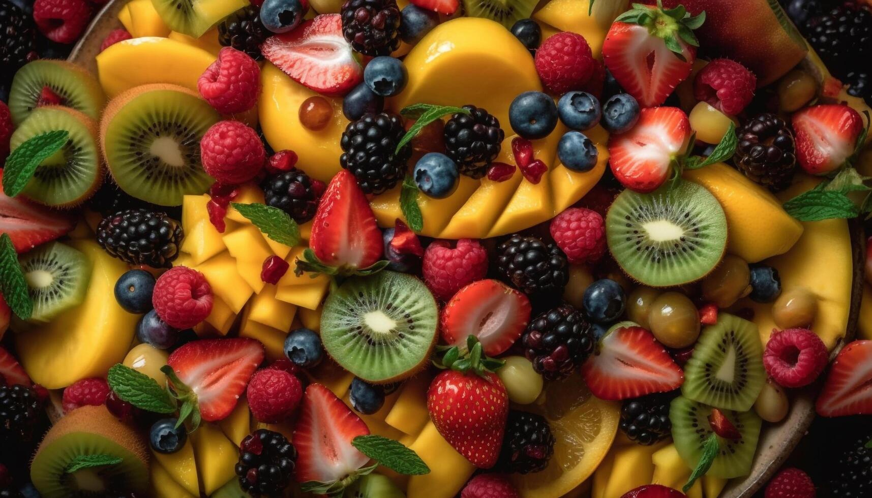 uma colorida fruta salada com fresco bagas e chocolate fatias gerado de ai foto