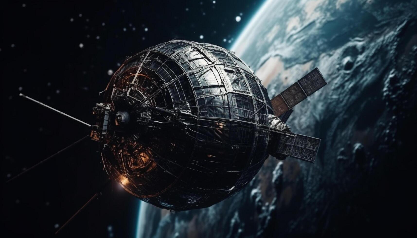 futurista nave espacial órbitas planeta dentro profundo espaço, vigiando Estrela campo gerado de ai foto