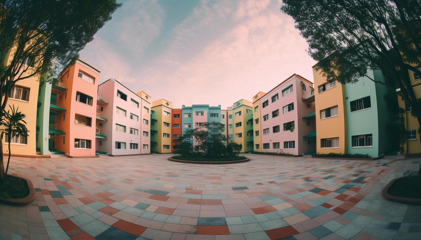 a moderno arranha-céu multi colori fachada ilumina a cidade Horizonte às crepúsculo gerado de ai foto