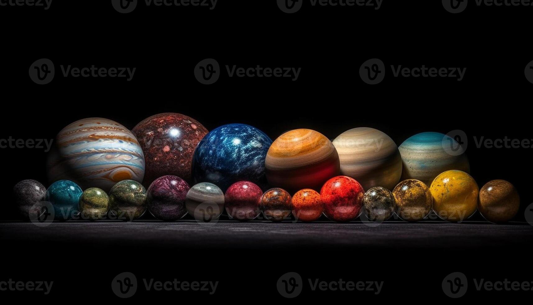 ornamentado pedra preciosa esfera coleção dentro vibrante cores em Preto fundo gerado de ai foto